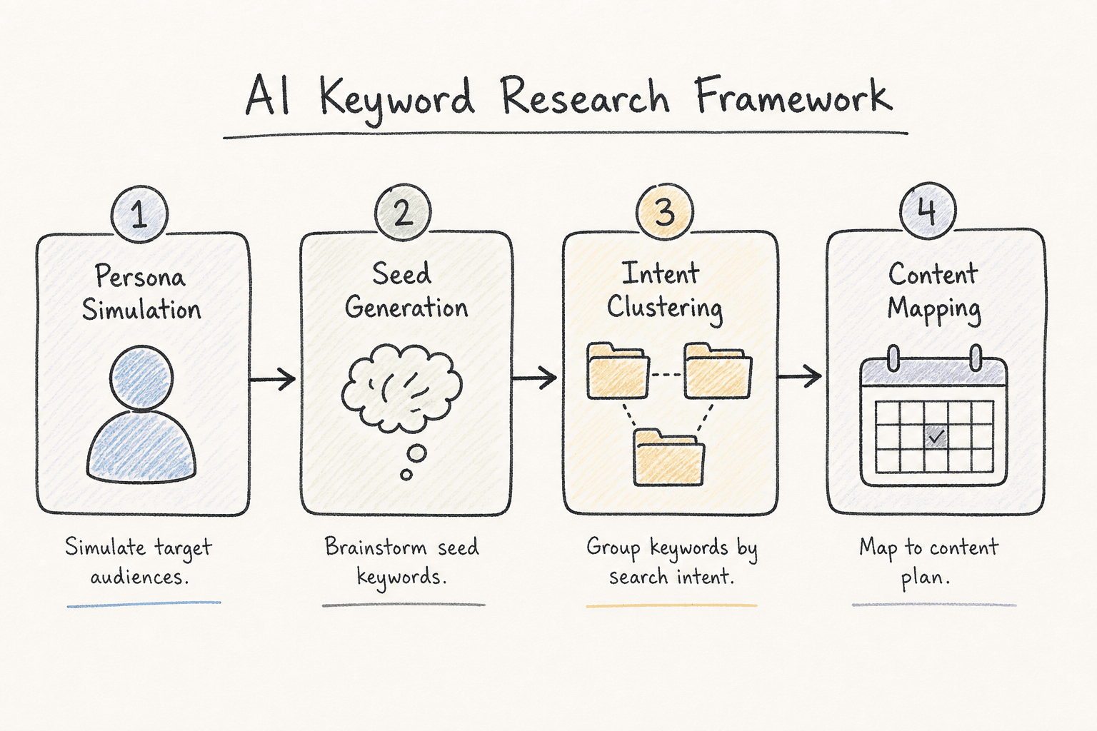 A 4-step flowchart showing the AI keyword research and clustering process