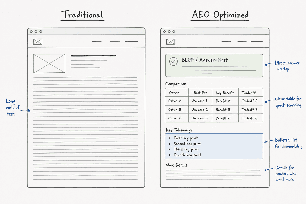 Wireframe comparison showing traditional dense blog formatting vs clear AEO structured formatting
