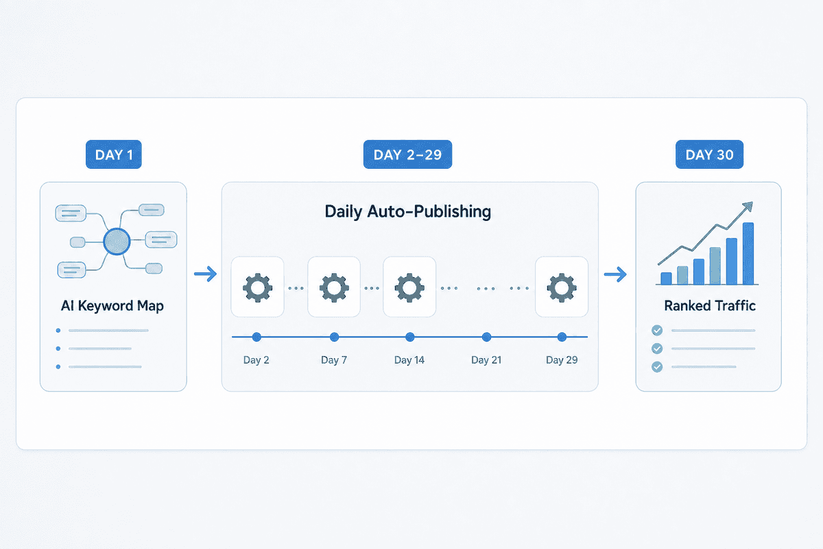 A 30-day timeline showing the automated AI content generation pipeline