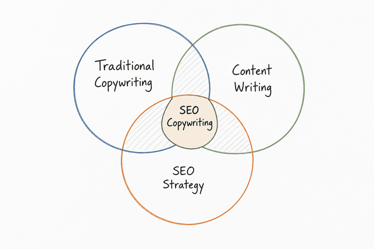 Venn diagram showing the intersection of copywriting, content writing, and SEO strategy