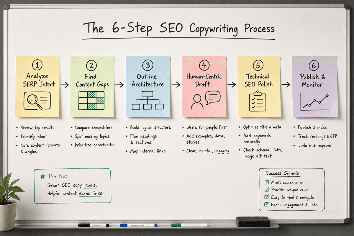 A 6-step flowchart detailing the modern SEO copywriting framework