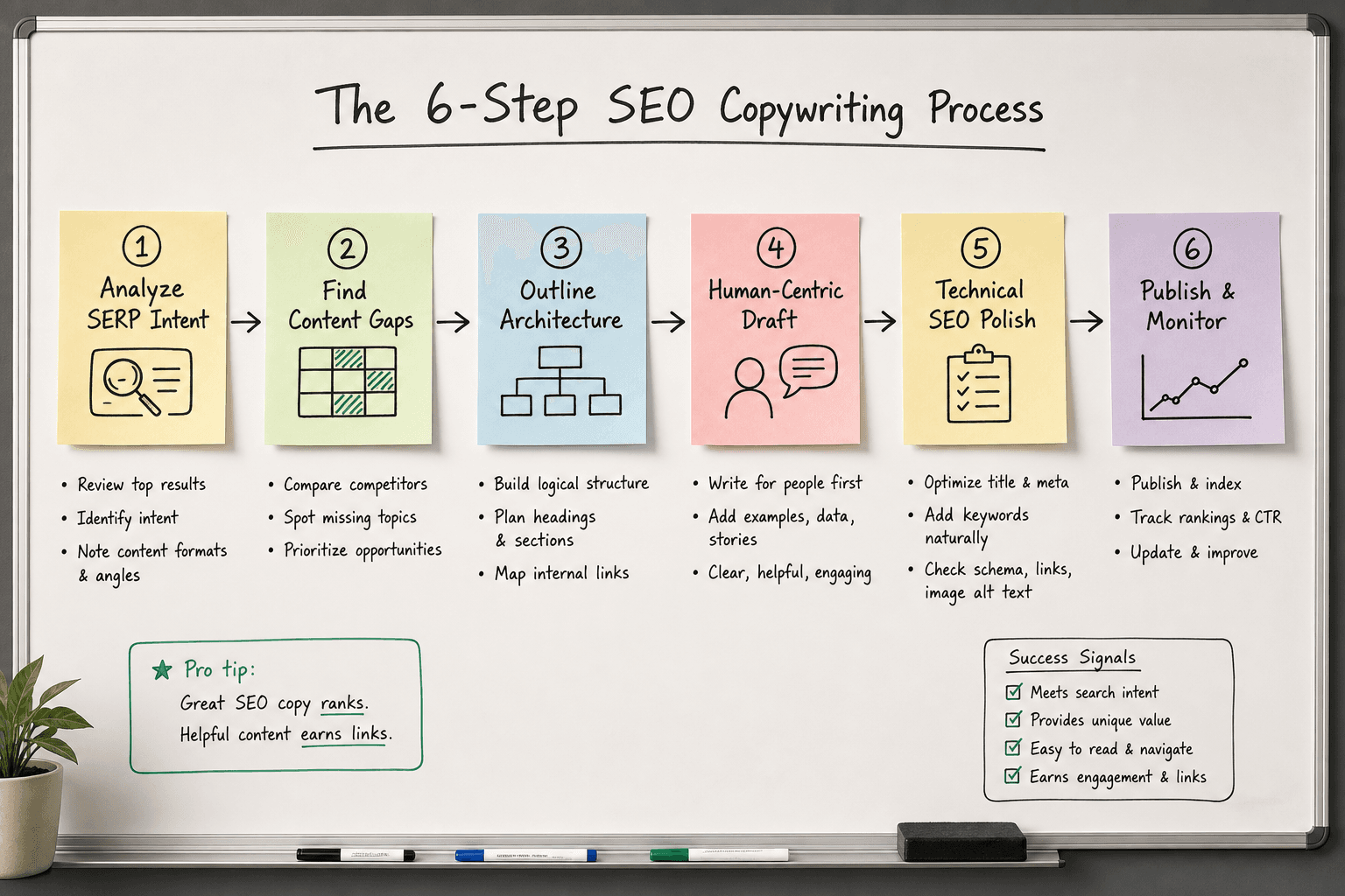 A 6-step flowchart detailing the modern SEO copywriting framework