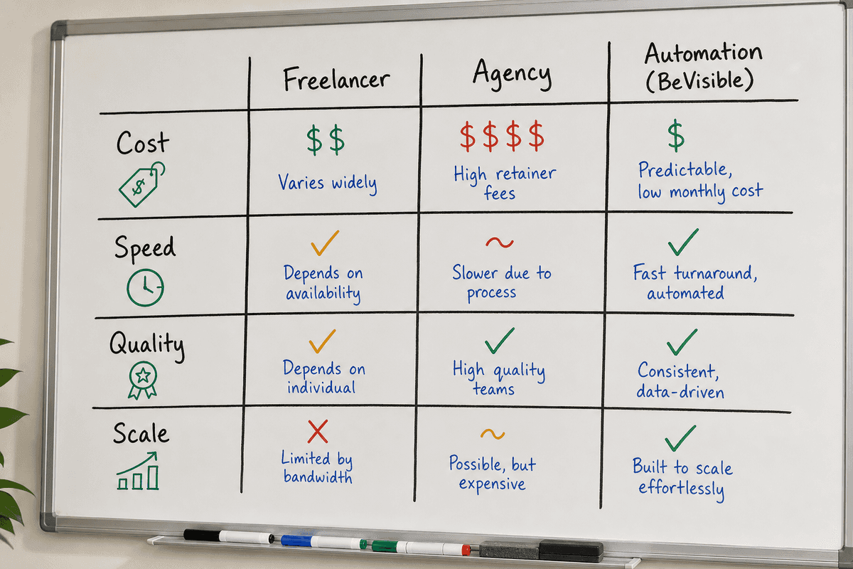 Comparison table showing the tradeoffs between hiring a freelancer, an agency, or using an automated SEO platform