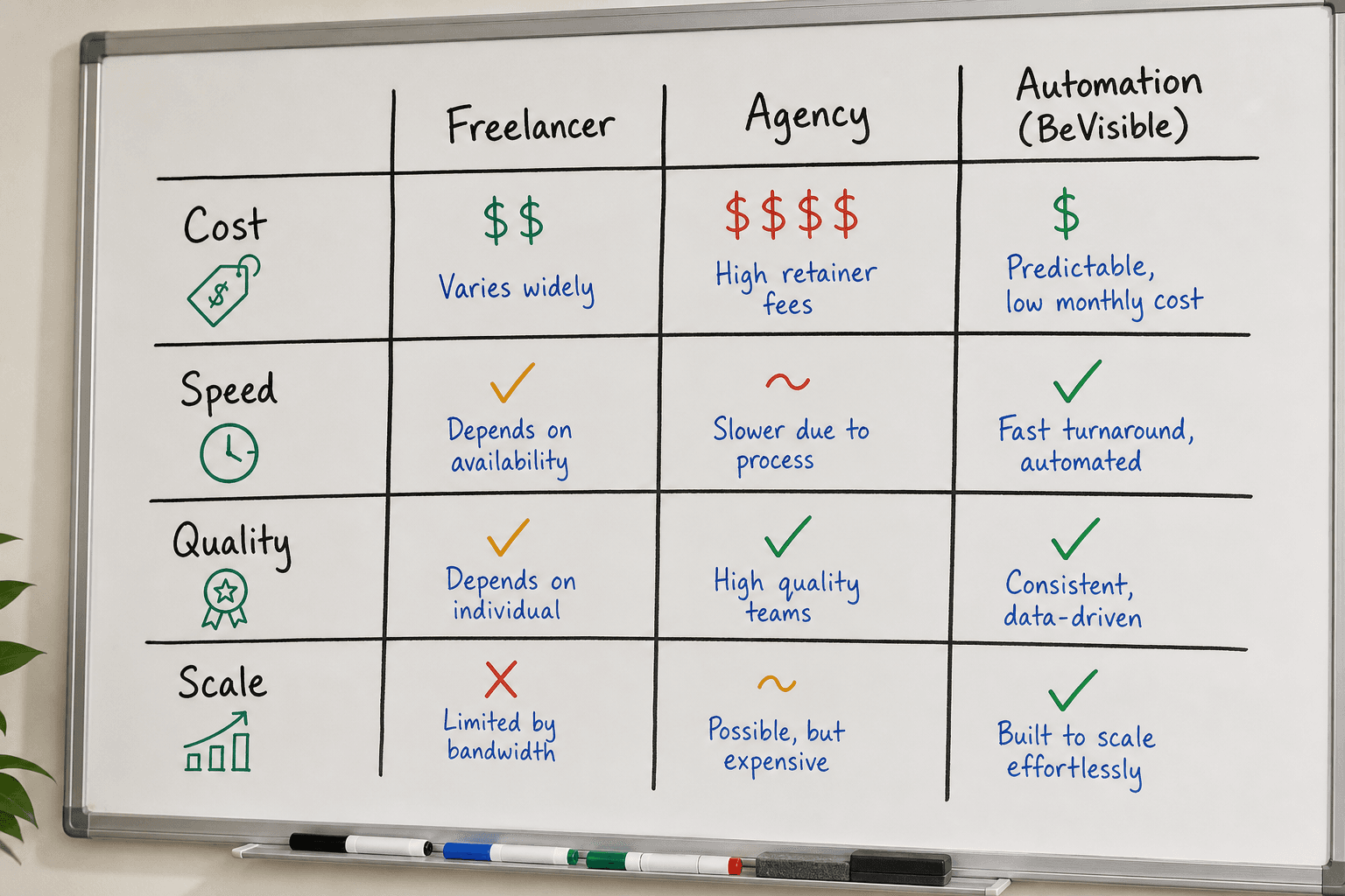 Comparison table showing the tradeoffs between hiring a freelancer, an agency, or using an automated SEO platform