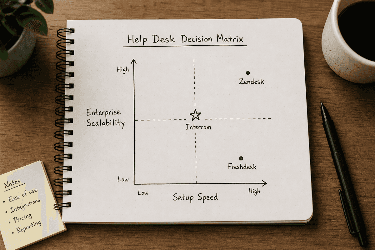 Decision matrix comparing Freshdesk, Zendesk, and Intercom on setup speed and scalability.