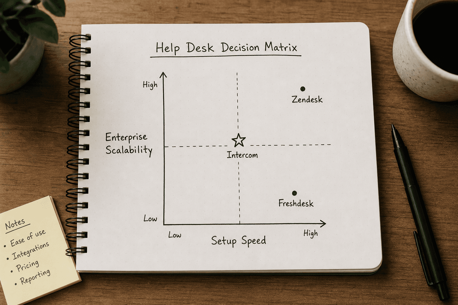 Decision matrix comparing Freshdesk, Zendesk, and Intercom on setup speed and scalability.
