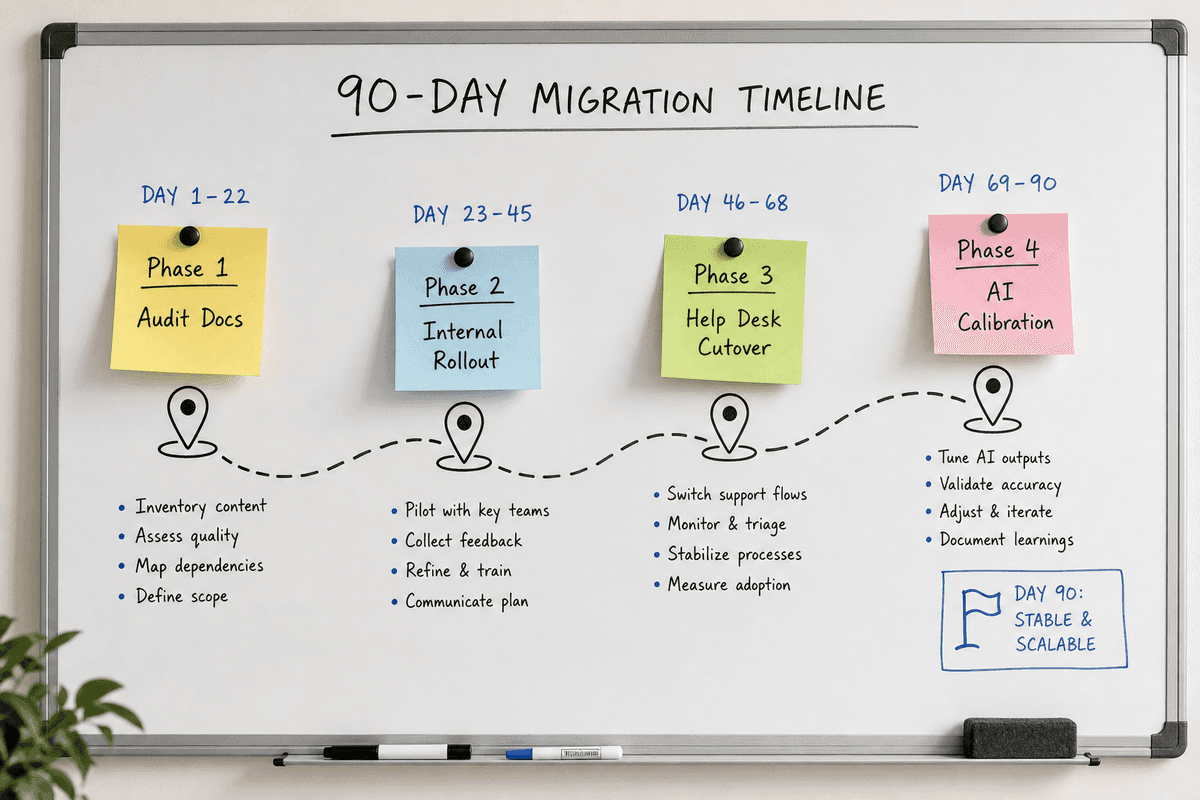 A 90-day phased migration timeline for switching customer support platforms.