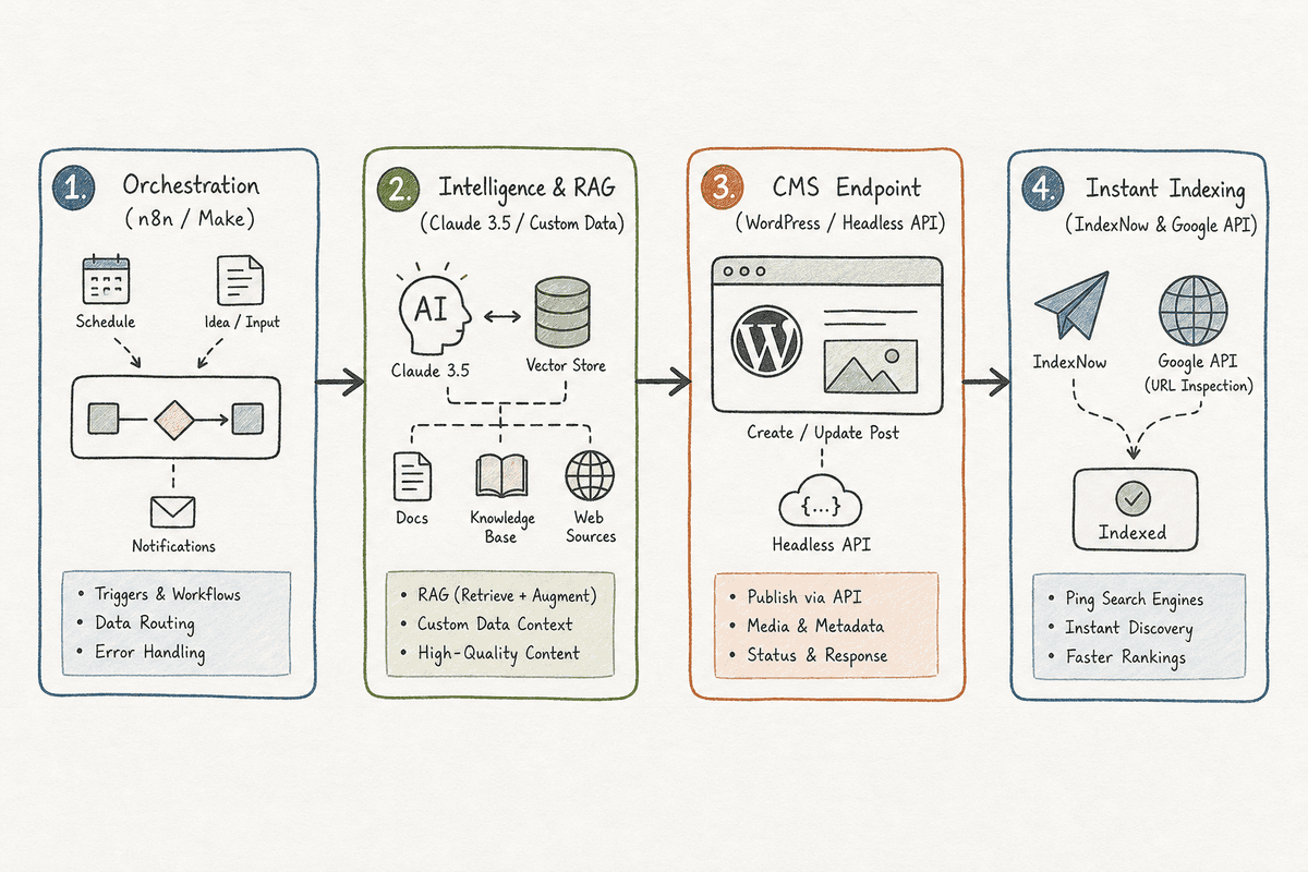 Diagram illustrating a four-stage custom hands-free blogging architecture with orchestration, intelligence, CMS, and indexing