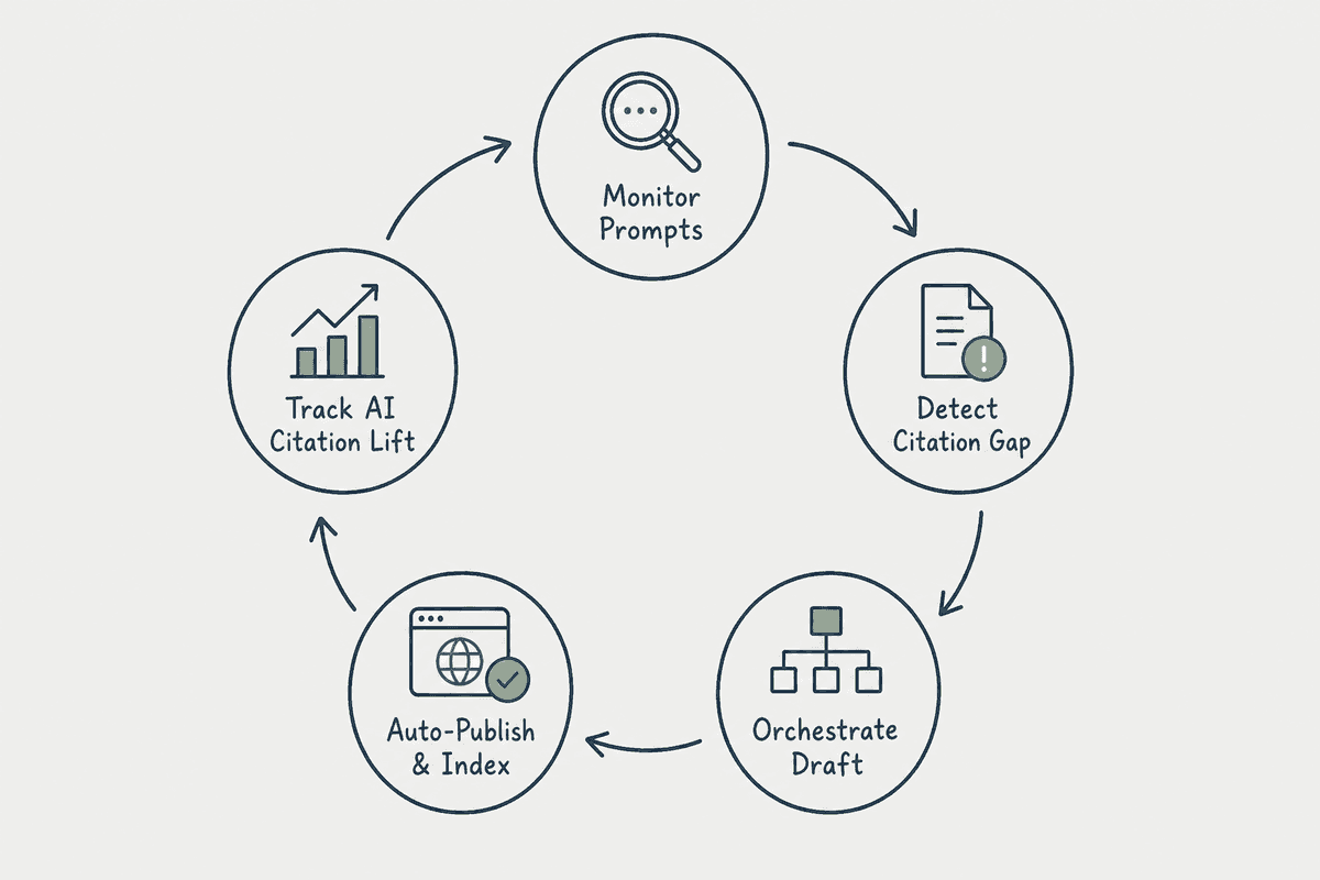 Flowchart showing the five-step closed loop from AI visibility monitoring to automated publishing and citation tracking