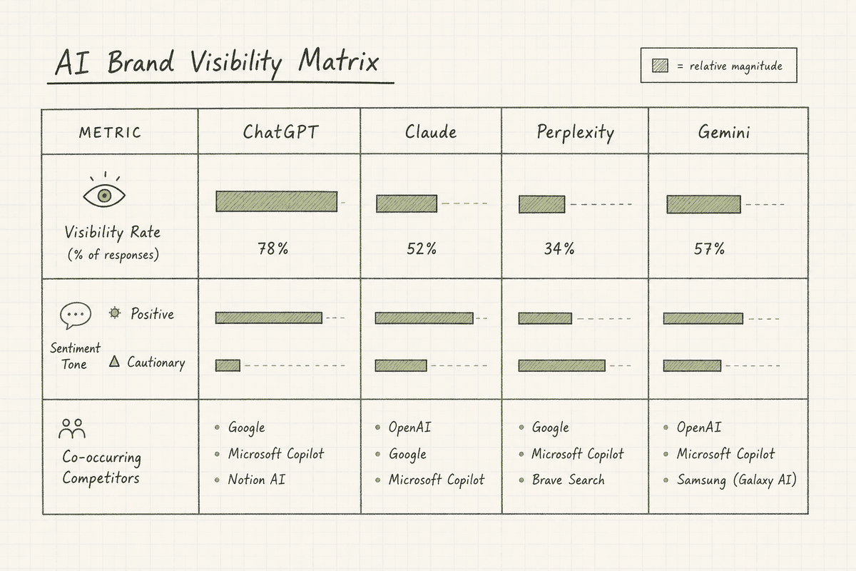 Clean wireframe table showing brand visibility and sentiment across multiple AI models.