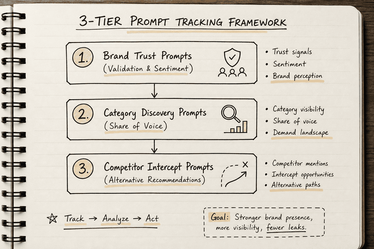 Diagram illustrating the three core tiers of an AI prompt tracking strategy.