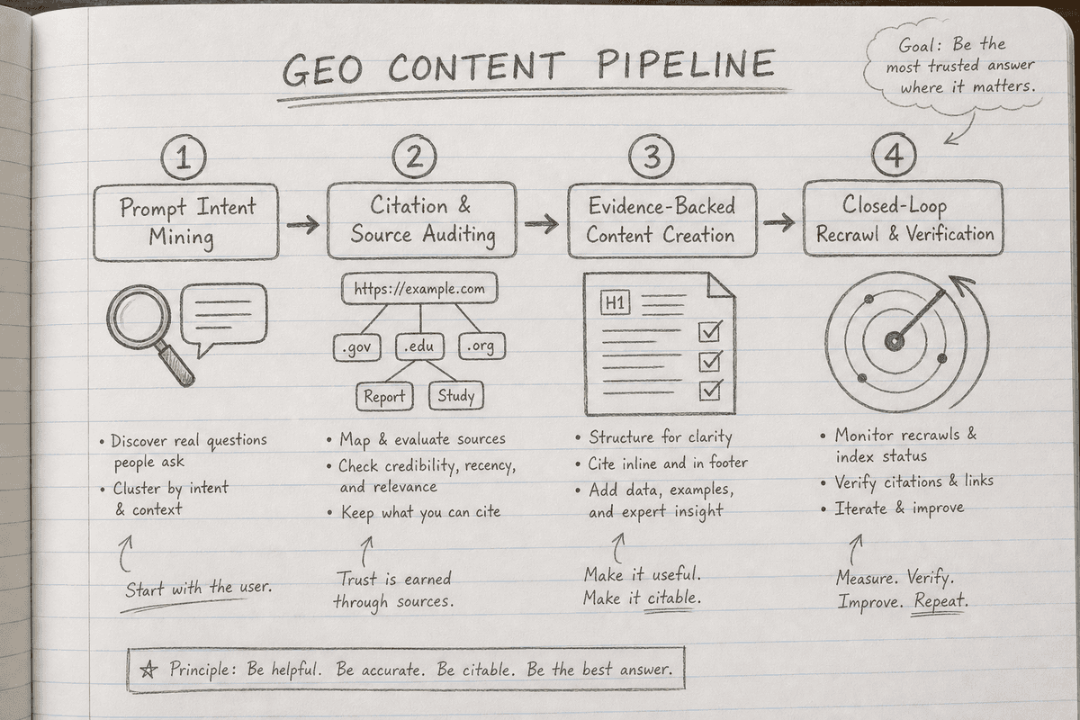 Notebook sketch of a four-step pipeline from prompt intent mining to closed-loop content verification.