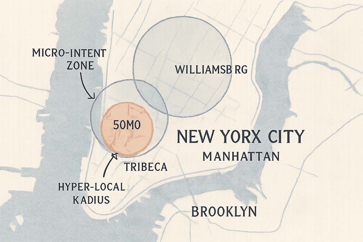 Map of New York City neighborhoods showing overlapping search intent radiuses for local SEO.