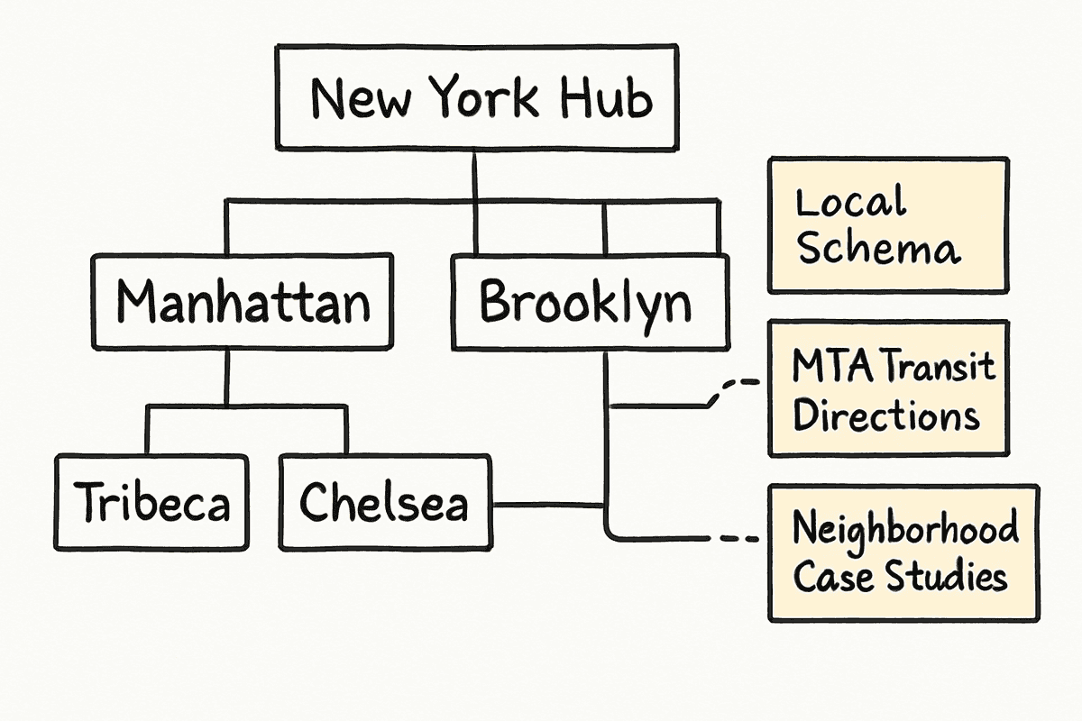 Wireframe diagram showing a hub-and-spoke local SEO page architecture for New York boroughs and neighborhoods.