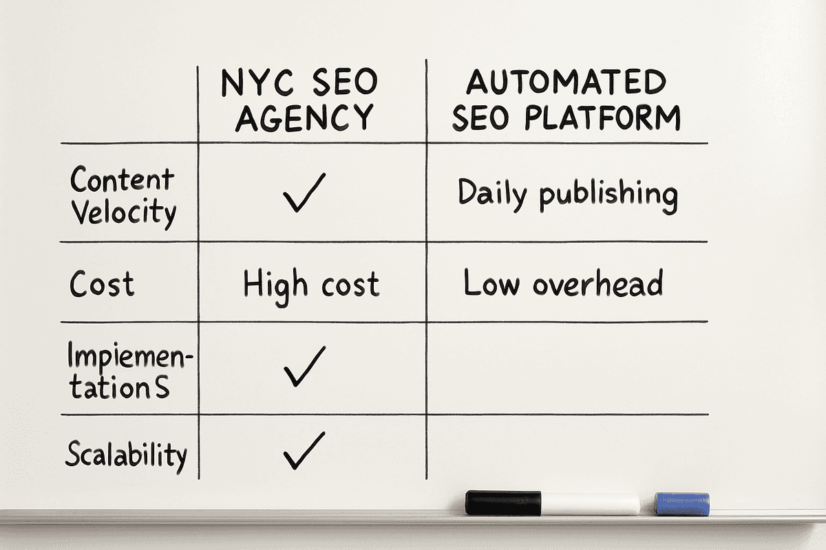 Comparison matrix evaluating the costs and benefits of a New York SEO agency versus automated content platforms.
