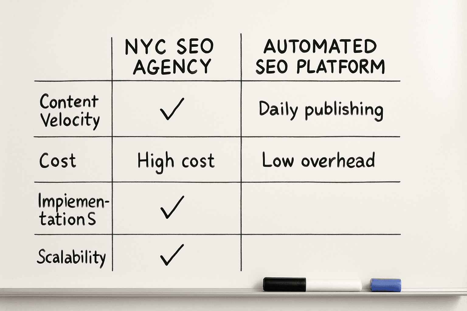 Comparison matrix evaluating the costs and benefits of a New York SEO agency versus automated content platforms.