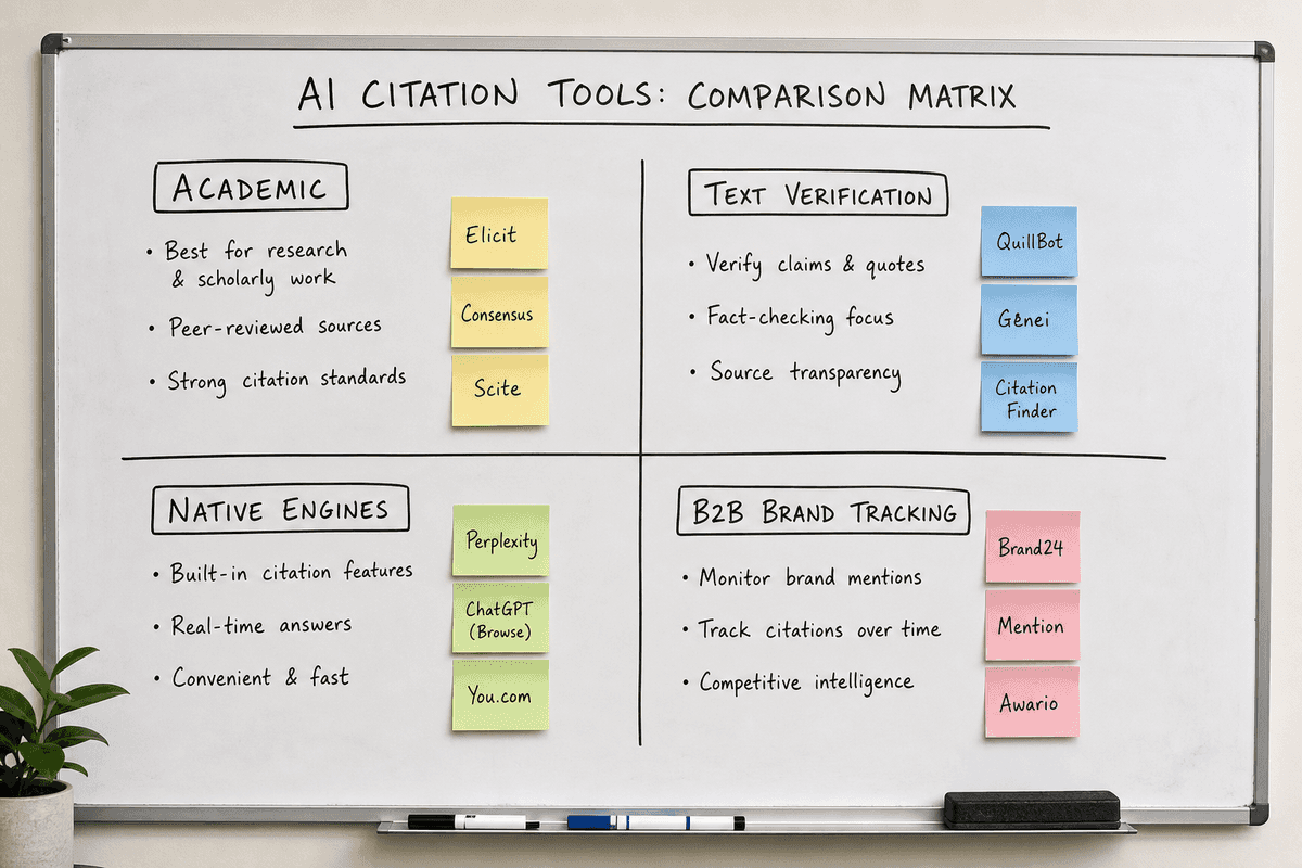 A matrix diagram categorizing AI citation tools into academic, text verification, native search engines, and B2B brand tracki