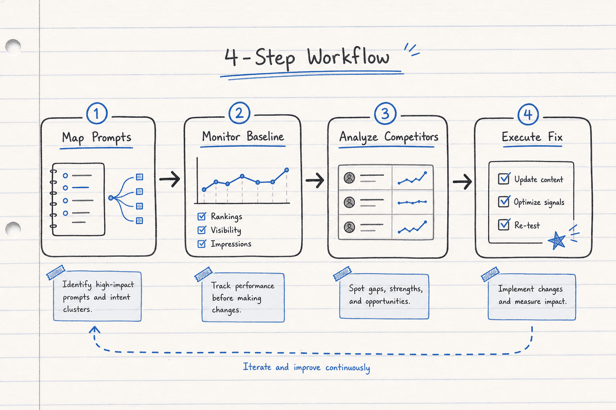A 4-step AI citation tracking workflow diagram: Map Prompts, Monitor Baseline, Analyze Competitors, and Execute Fix.