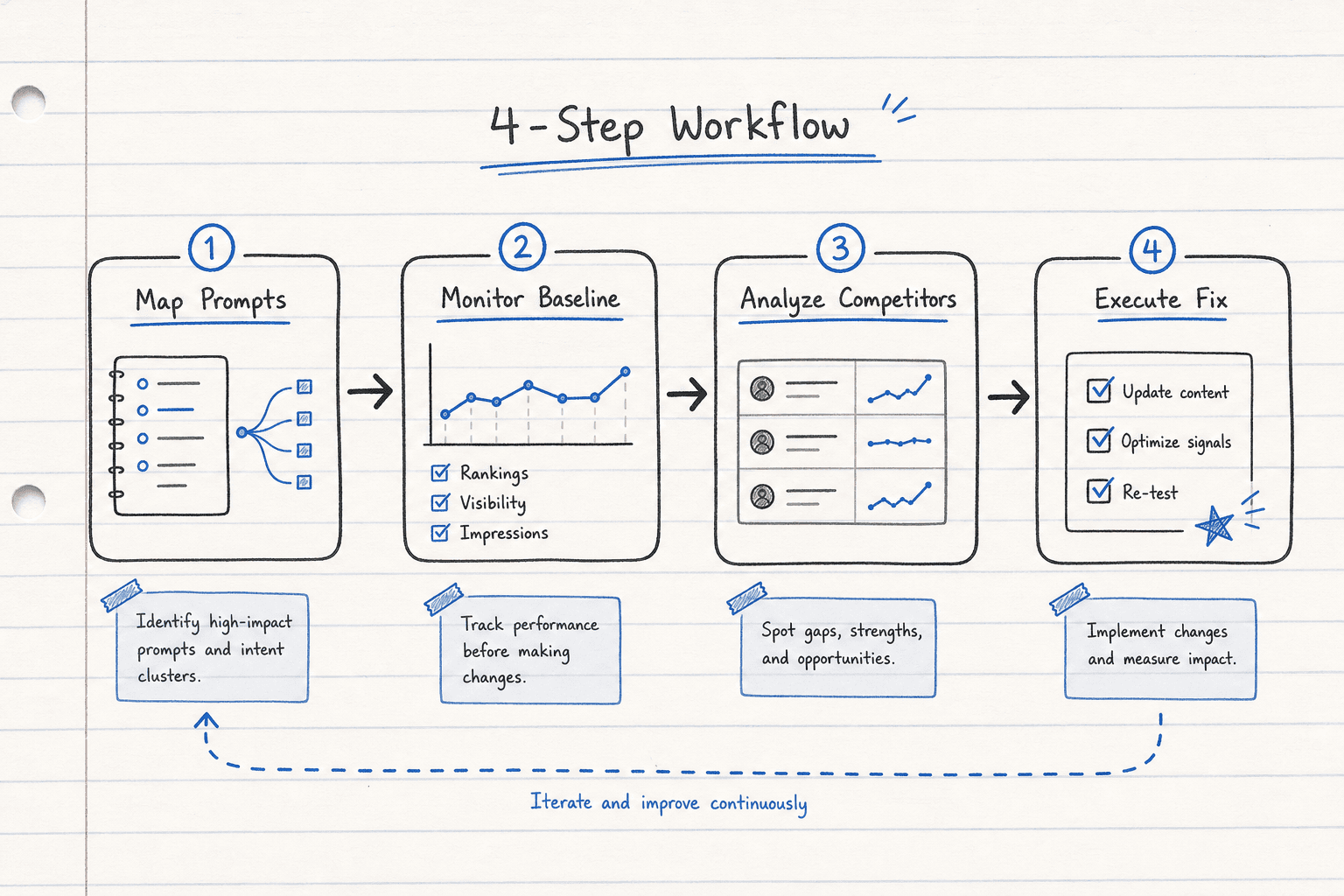 A 4-step AI citation tracking workflow diagram: Map Prompts, Monitor Baseline, Analyze Competitors, and Execute Fix.