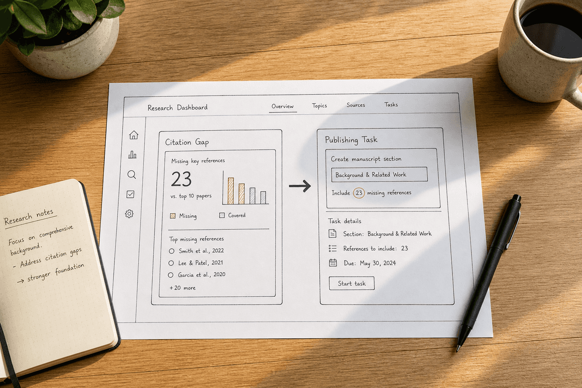 A desk layout showing a wireframe concept of converting AI citation gaps into actionable publishing tasks.