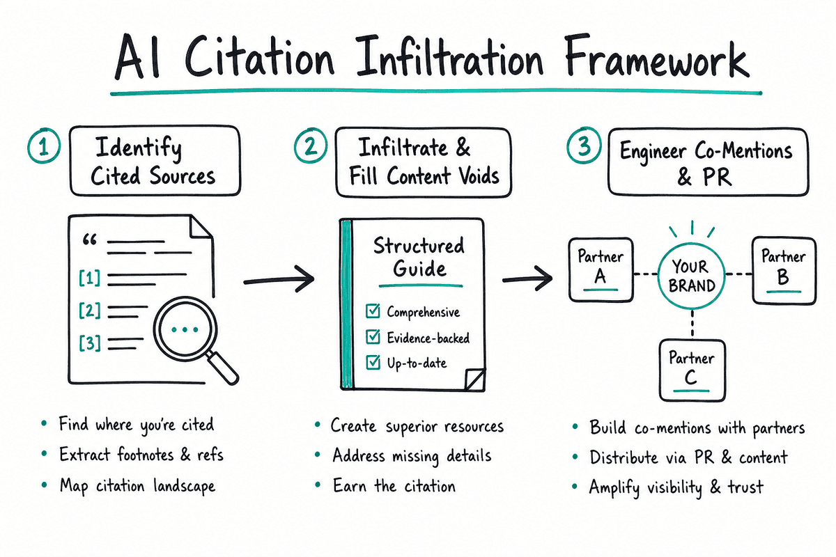 Three-step whiteboard workflow illustrating how to audit competitor citations, fill content gaps, and build third-party AI PR