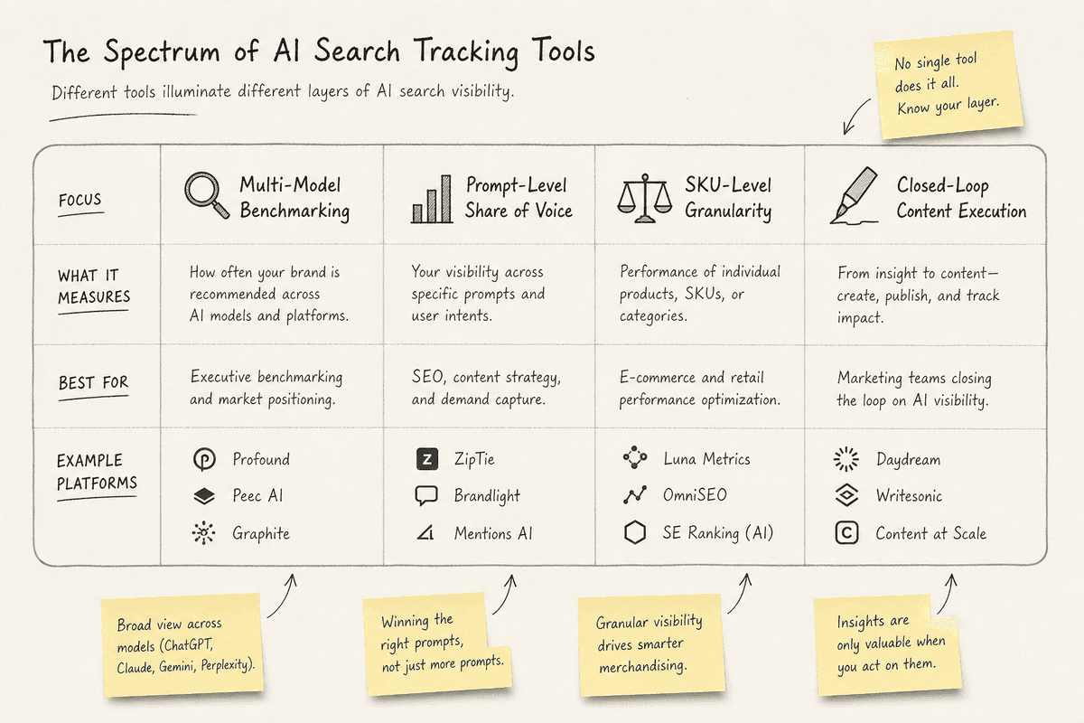 A comparative matrix classifying AI visibility trackers by monitoring depth and execution capability.