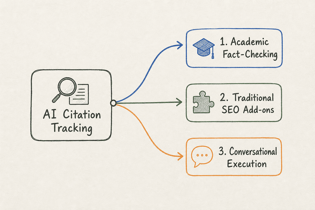 Diagram illustrating the three main categories of AI citation tracking tools: Academic, Traditional SEO, and Conversational E