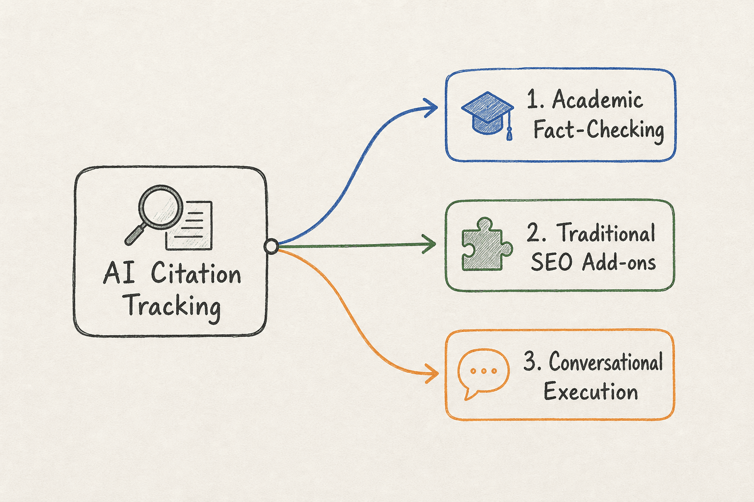 Diagram illustrating the three main categories of AI citation tracking tools: Academic, Traditional SEO, and Conversational E