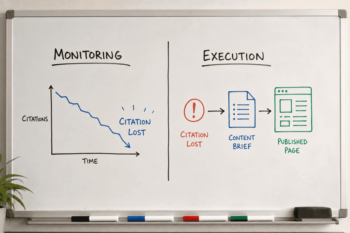 Whiteboard sketch comparing passive citation monitoring to an active content execution workflow.