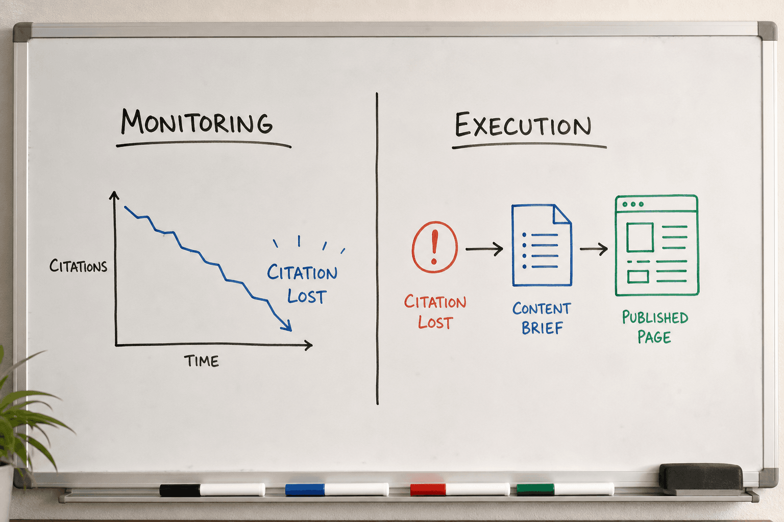 Whiteboard sketch comparing passive citation monitoring to an active content execution workflow.
