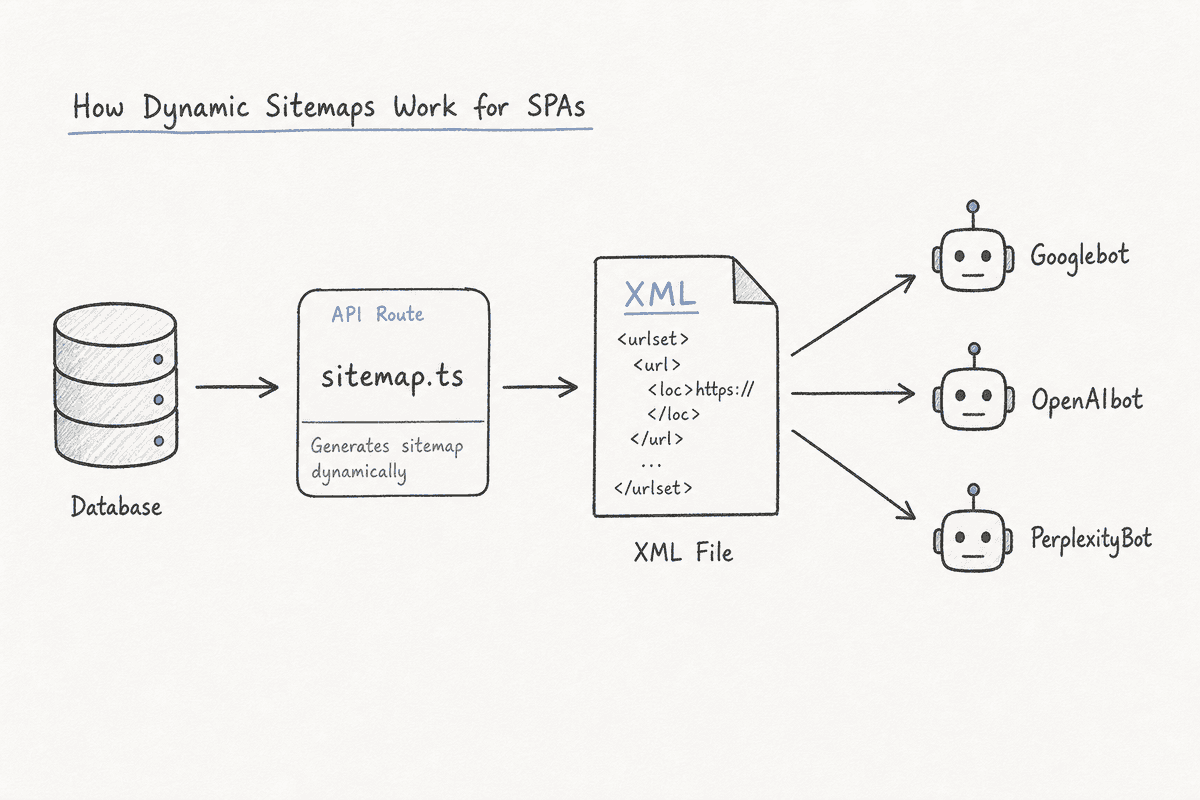Diagram showing the dynamic sitemap generation process for Single Page Applications and AI crawlers.