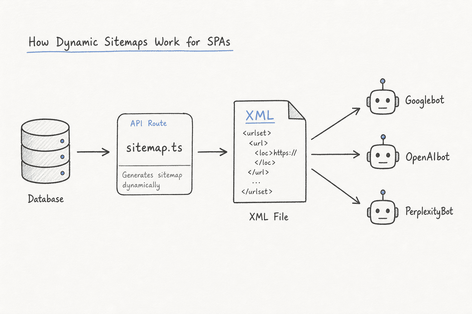 Diagram showing the dynamic sitemap generation process for Single Page Applications and AI crawlers.