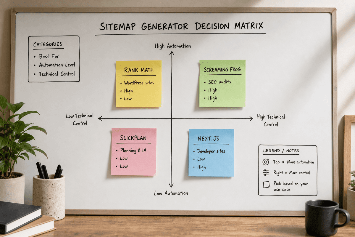 Decision matrix comparing different website sitemap generators based on technical control and automation.