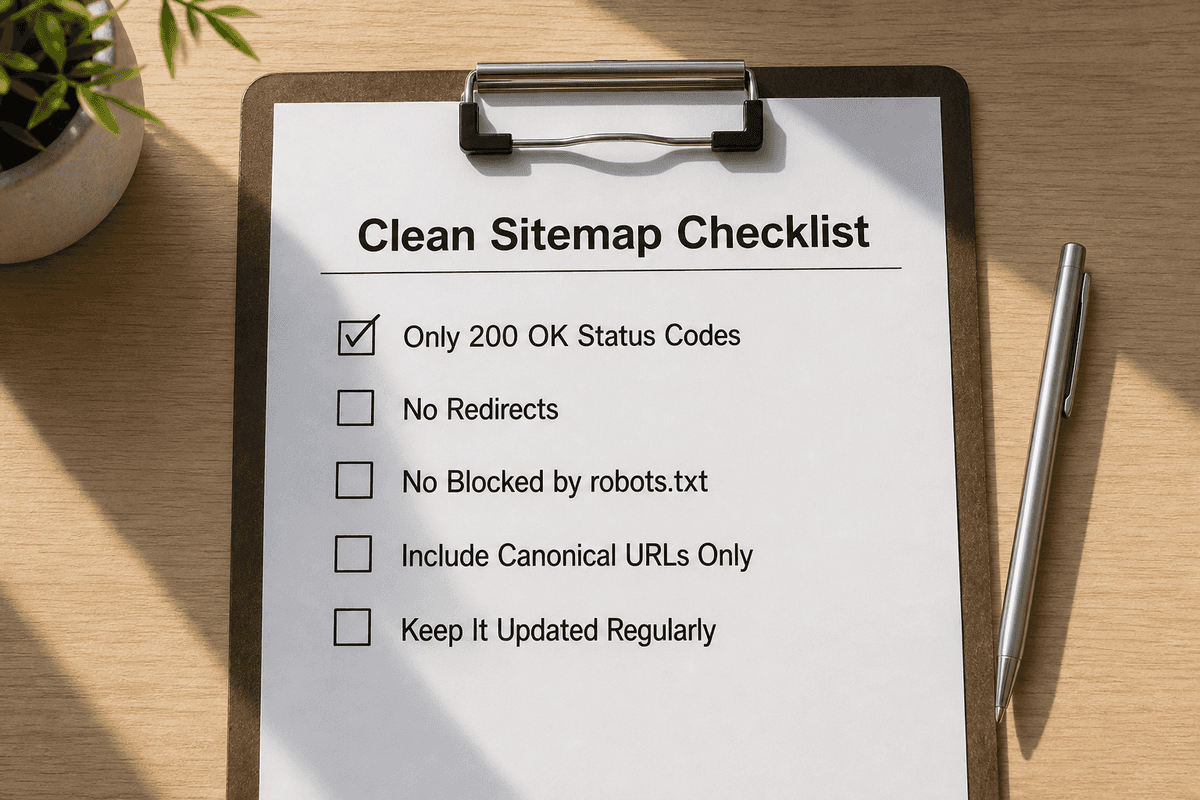 A realistic clipboard checklist detailing the requirements for a clean, error-free XML sitemap.