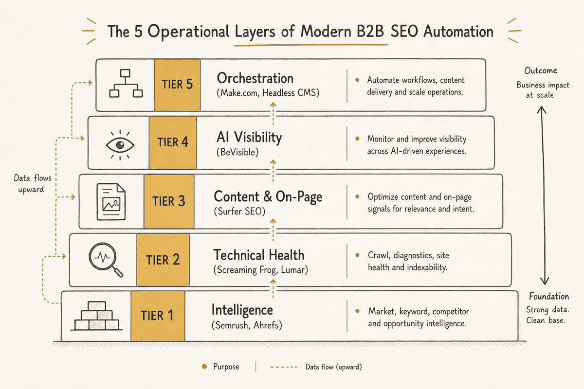 Layered stack diagram breaking down the 5 essential software tiers of an automated B2B SEO pipeline.