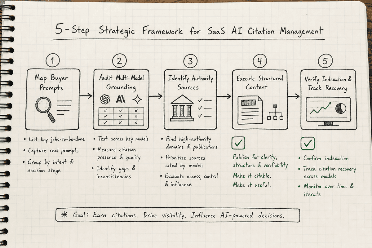 Handwritten framework diagram detailing five steps for building a SaaS AI citation execution strategy.