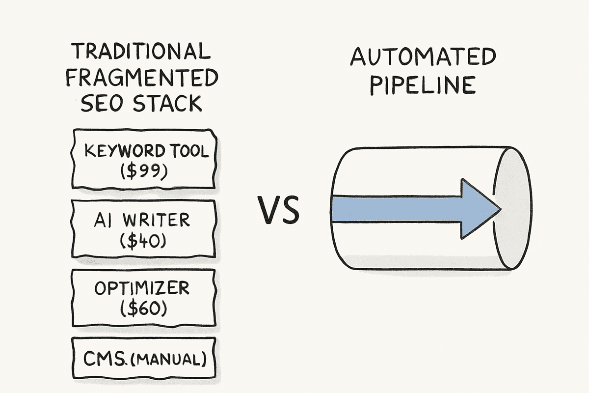 Diagram comparing a fragmented traditional SEO software stack against a unified automated publishing pipeline