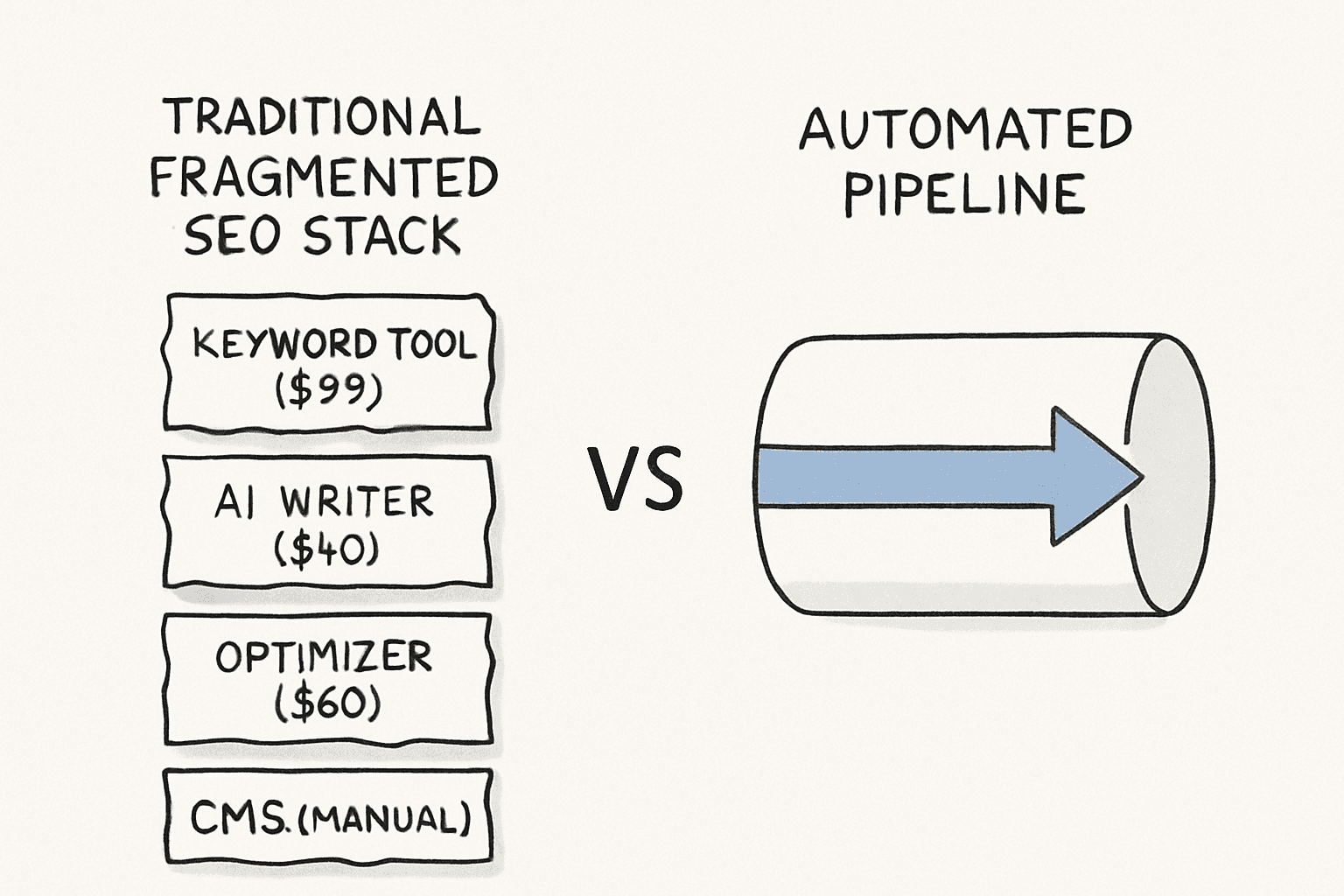 Diagram comparing a fragmented traditional SEO software stack against a unified automated publishing pipeline