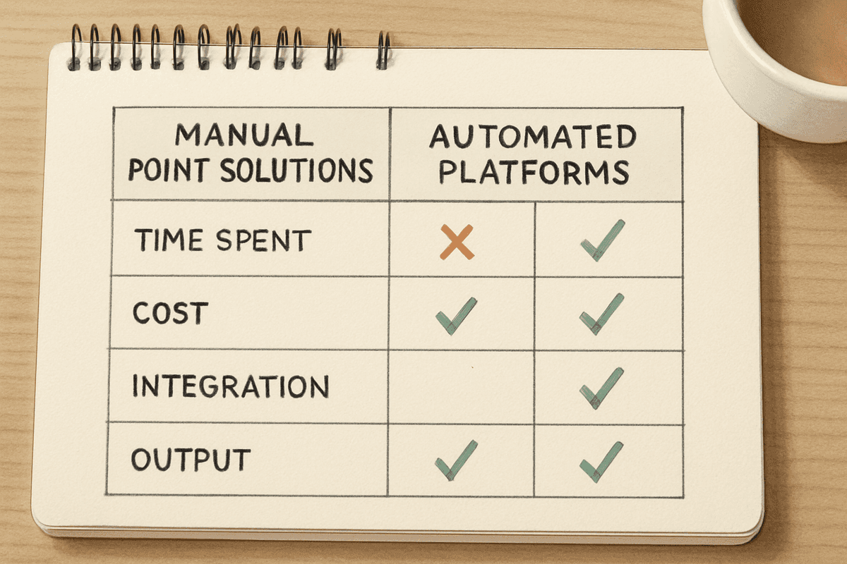 Comparison matrix showing the time, cost, and output differences between manual point solutions and automated platforms