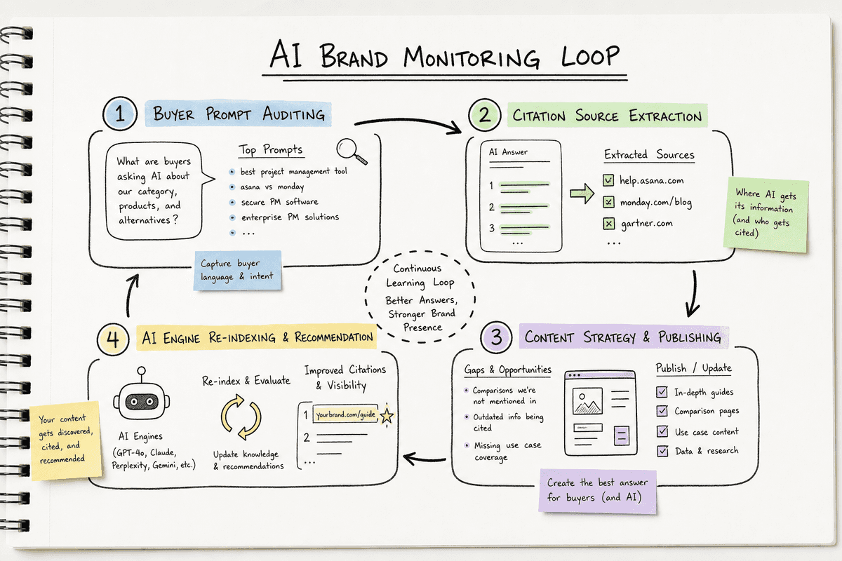 Four-step process workflow for converting AI visibility gaps into published content assets.