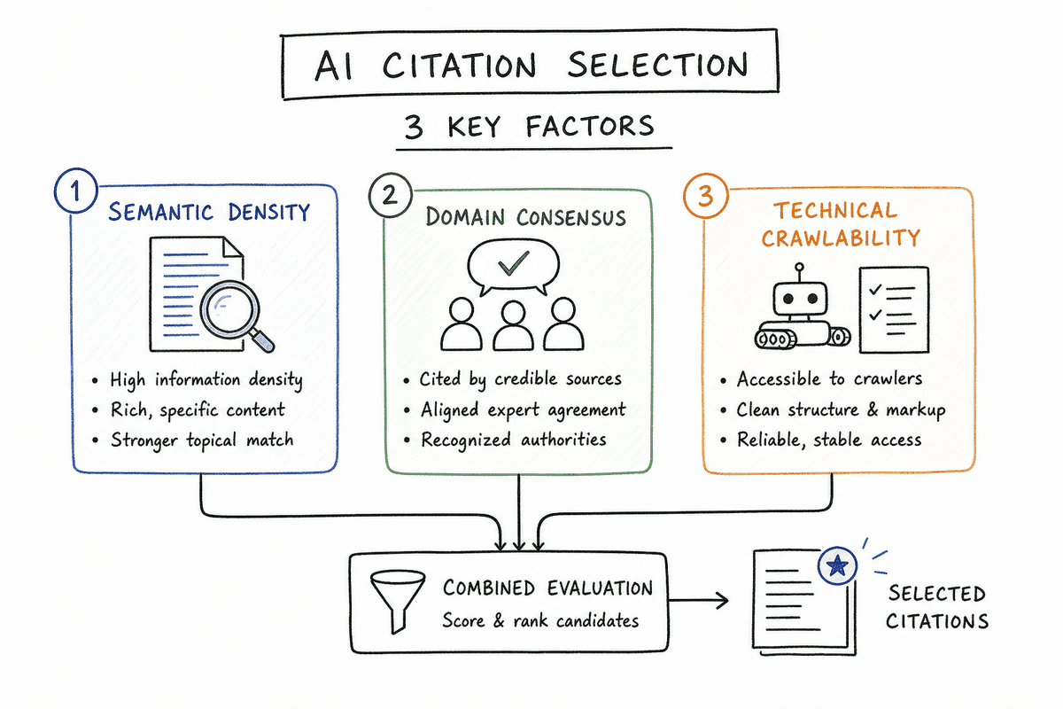 Diagram outlining the core criteria AI search models use to select and weigh source citations.