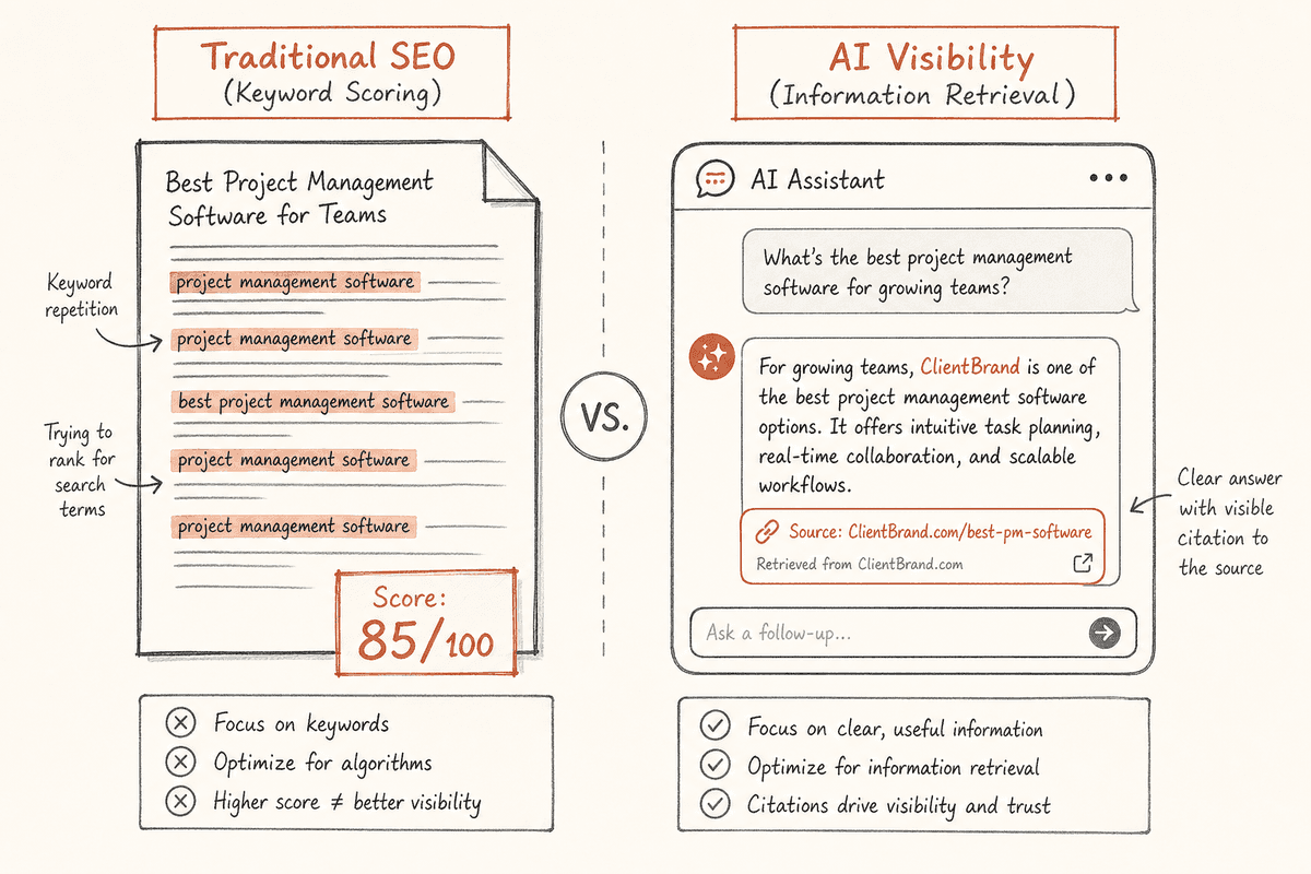Comparison graphic contrasting traditional keyword density metrics with AI search citation optimization.
