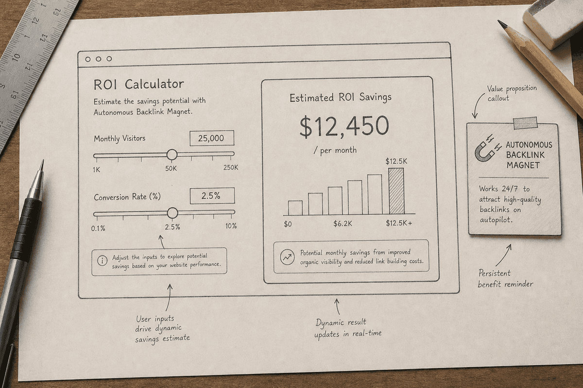 Wireframe concept of an interactive SaaS ROI calculator used to attract organic search traffic passively.