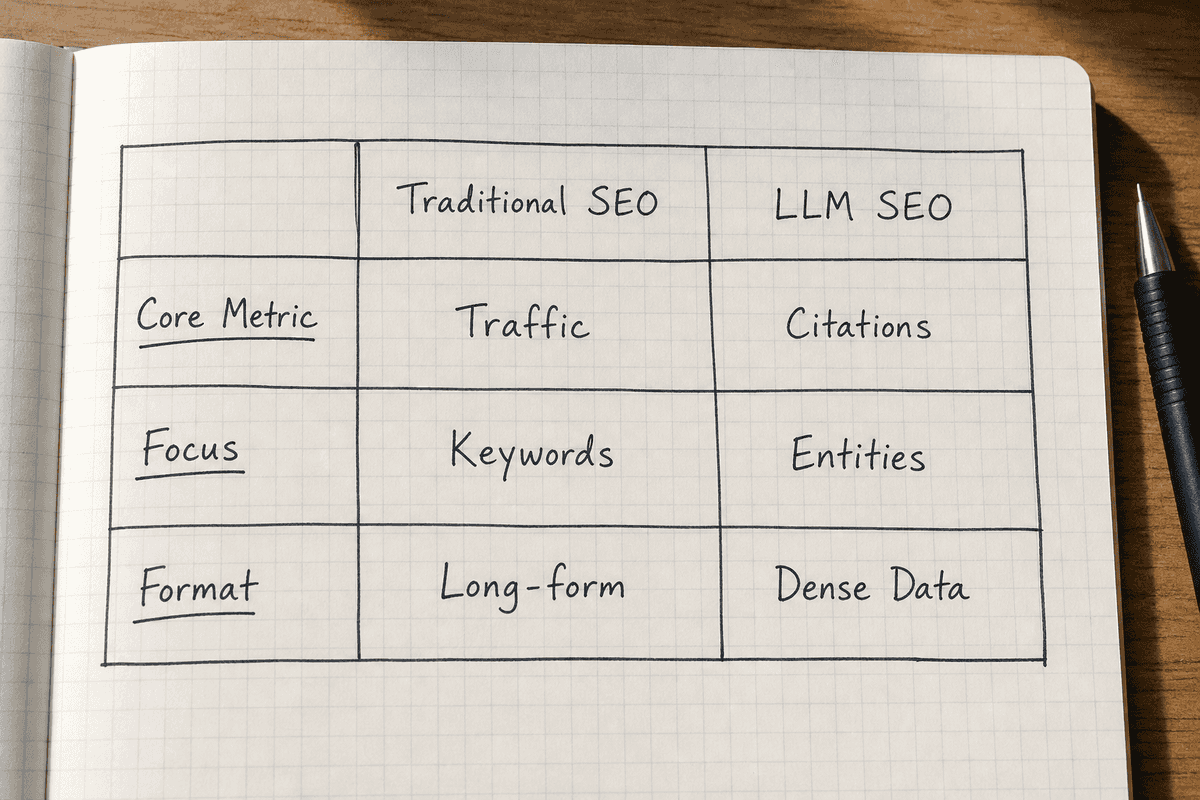 Comparison table outlining the differences between traditional SEO metrics and LLM SEO metrics.