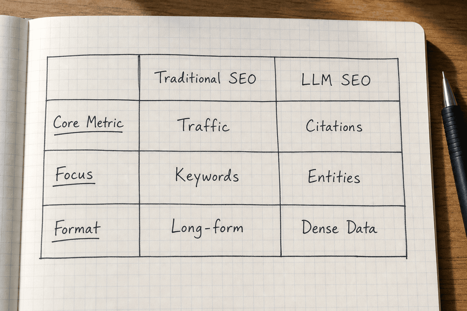 Comparison table outlining the differences between traditional SEO metrics and LLM SEO metrics.