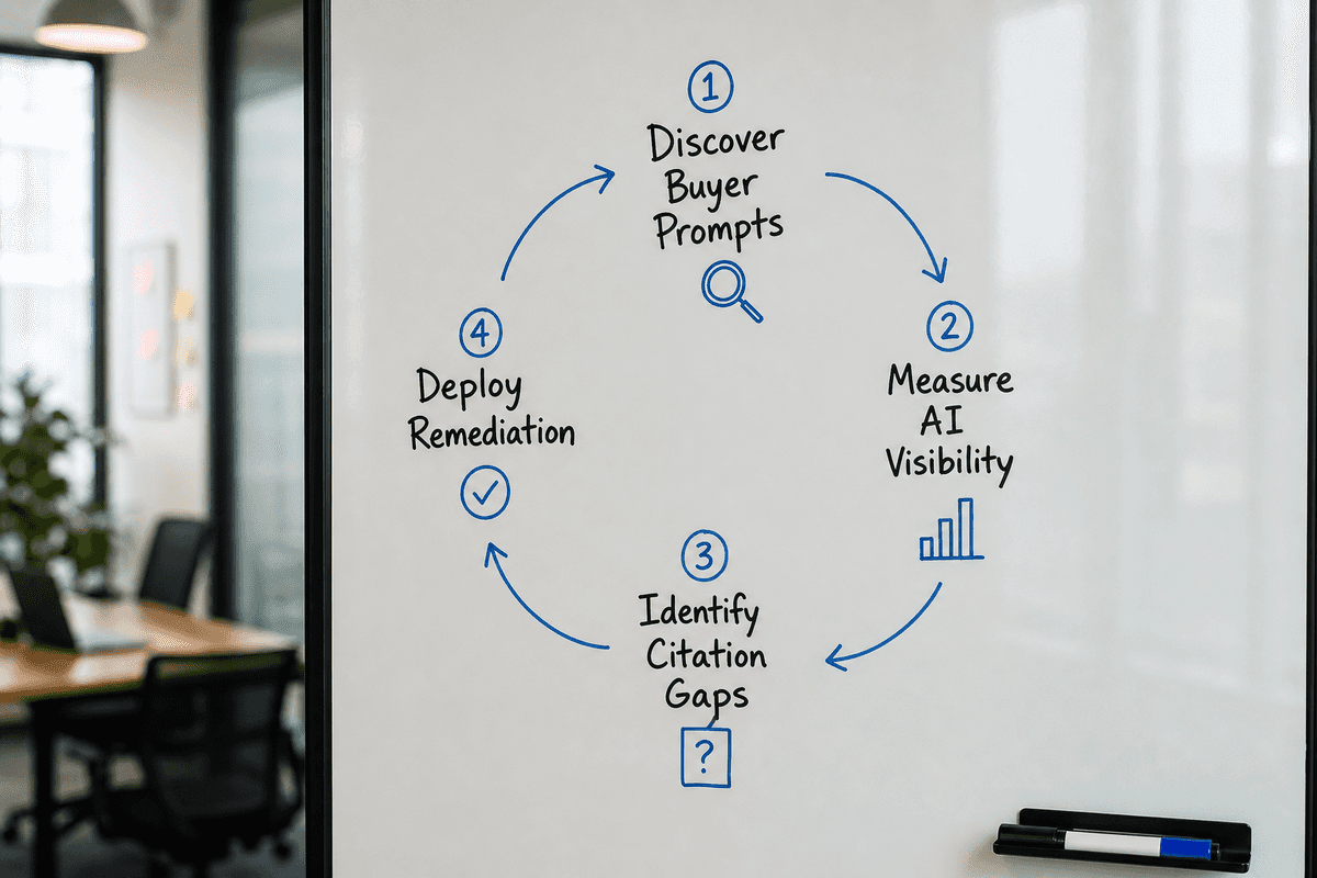 Circular workflow diagram showing the four steps to monitor and improve AI search visibility.