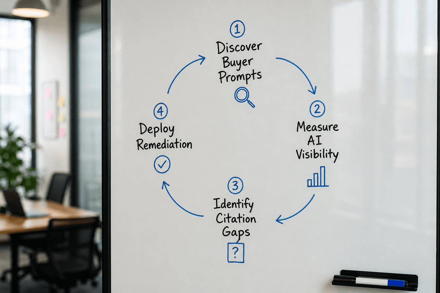Circular workflow diagram showing the four steps to monitor and improve AI search visibility.