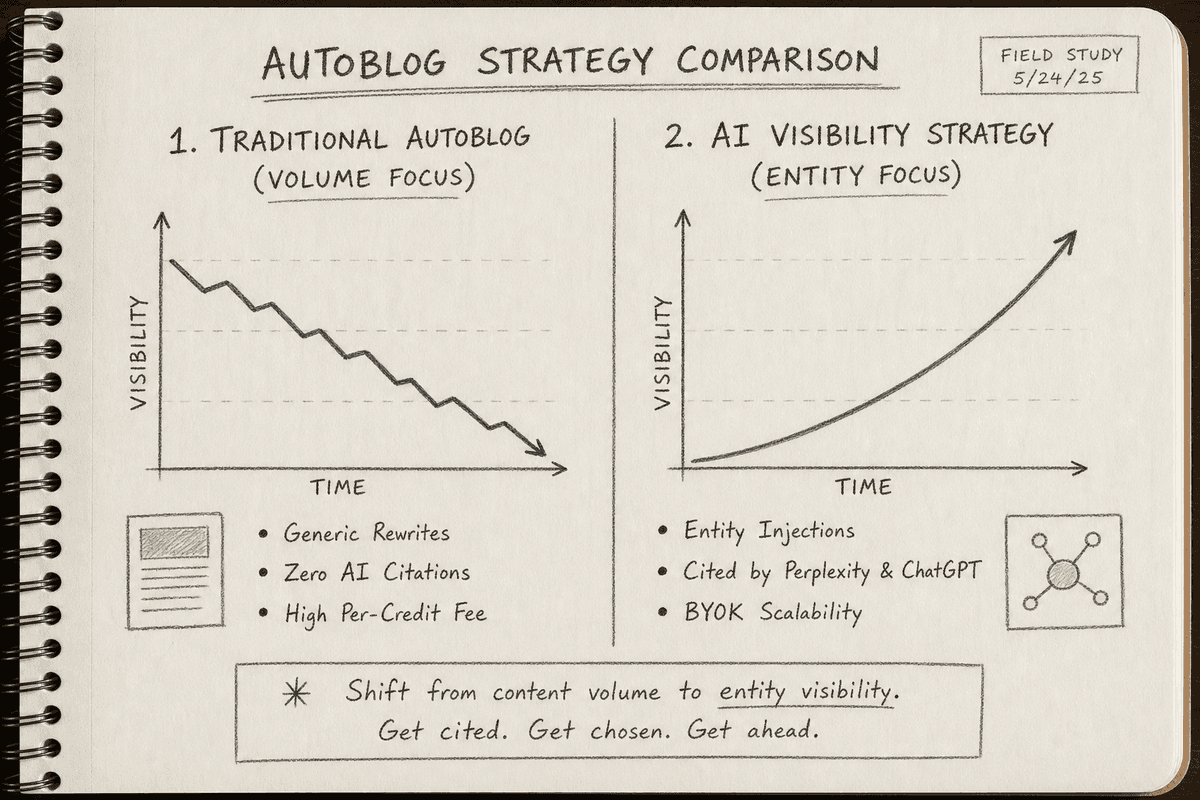 Visual comparison between traditional high-volume autoblogging and modern entity-driven AI visibility strategies.