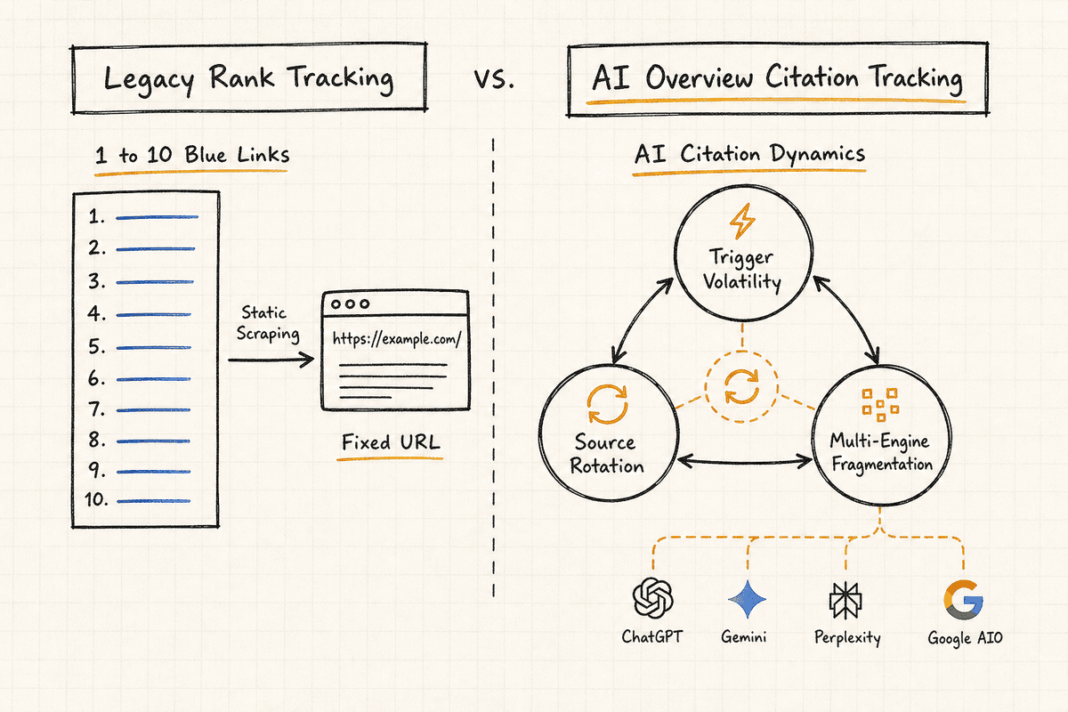 Excalidraw diagram contrasting traditional linear rank tracking with dynamic AI Overview citation tracking mechanisms.