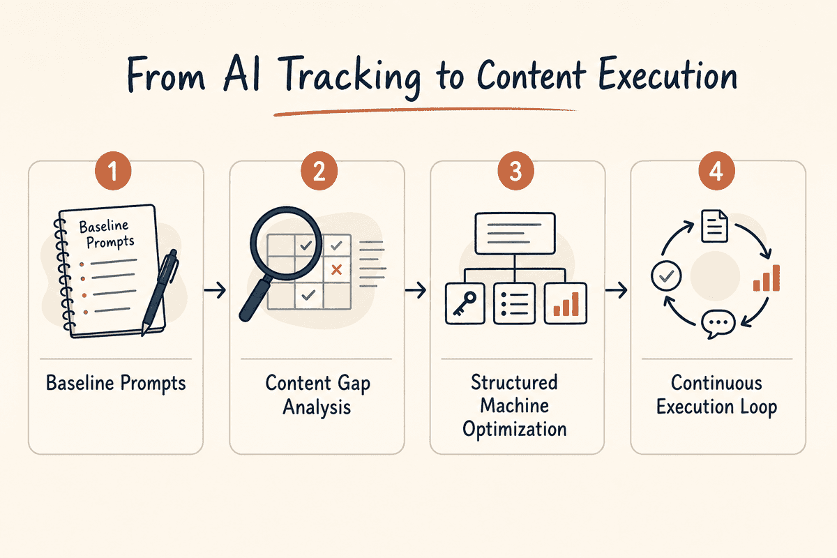 Four-step editorial diagram illustrating the operational workflow from AI prompt monitoring to content publishing.